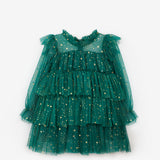 Yeşil  Varak Yıldız Baskılı Katlı Kız Çocuk Elbise - Chloe