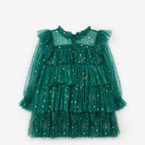 Yeşil  Varak Yıldız Baskılı Katlı Kız Çocuk Elbise - Chloe