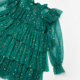 Yeşil  Varak Yıldız Baskılı Katlı Kız Çocuk Elbise - Chloe