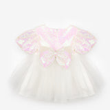 White Sequined Bow Detailed Baby Girls' Dress - Amber