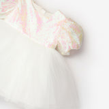 White Sequined Bow Detailed Baby Girls' Dress - Amber