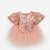 Rose Bow Detailed Sequined Baby Girls' Dress - Amber