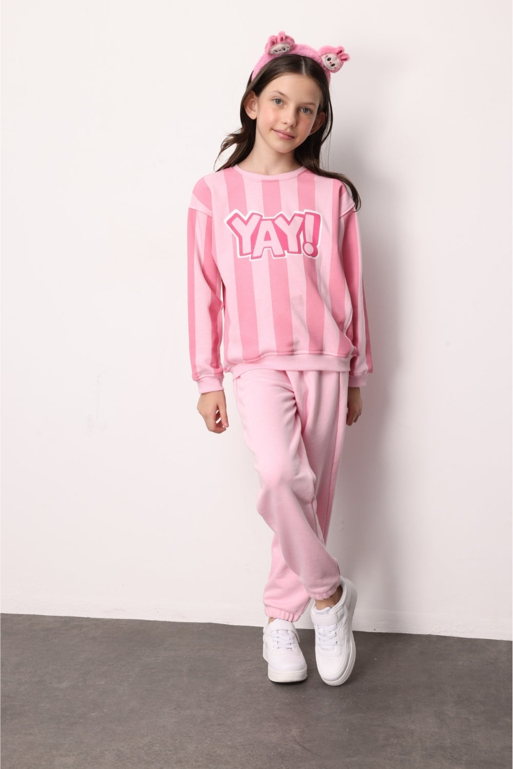 Pembe Yay Baskılı Çizgili Kız Çocuk Eşofman Takımı - Phoebe