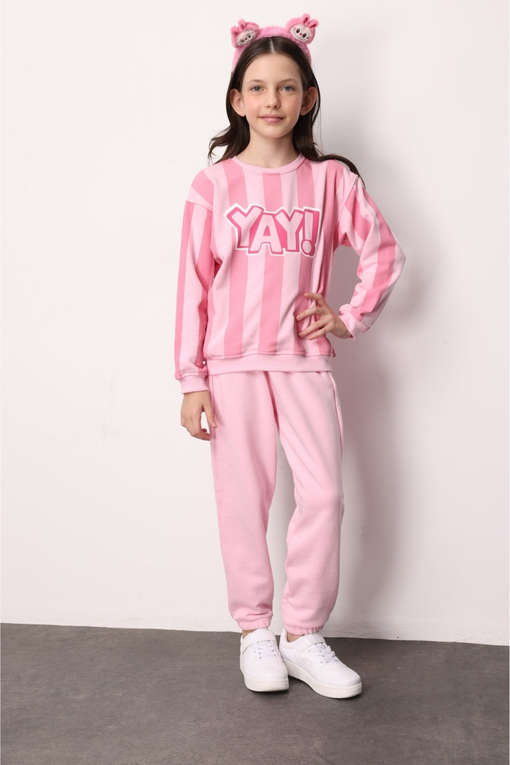 Pembe Yay Baskılı Çizgili Kız Çocuk Eşofman Takımı - Phoebe