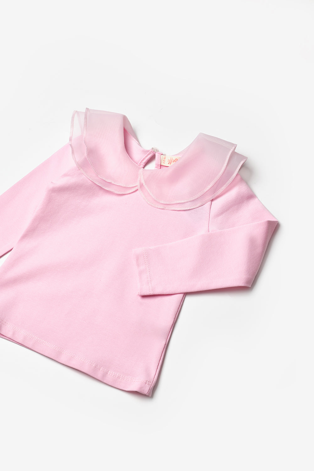Pembe Organze Yakalı Kız Çocuk Tişört