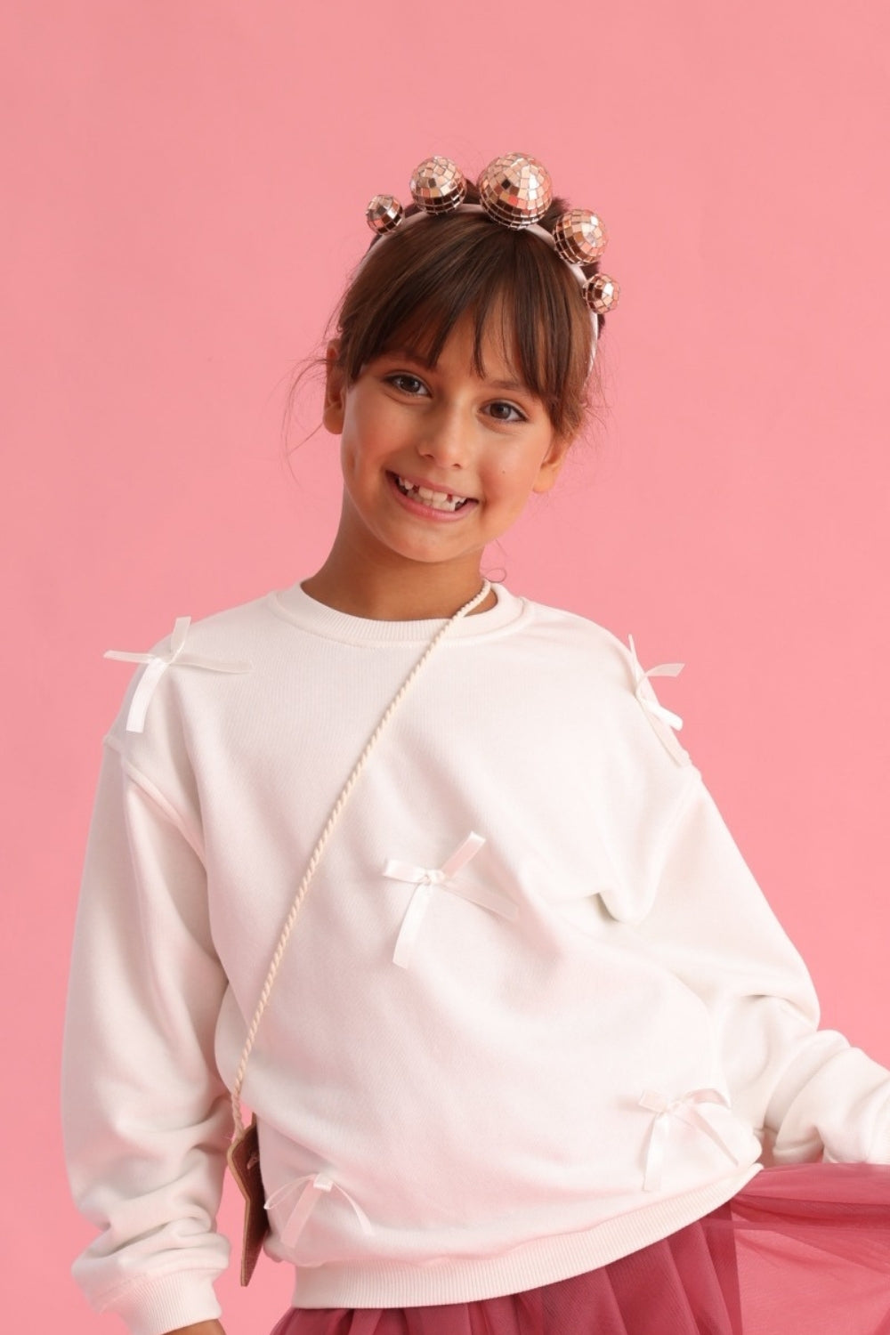 Ekru Fiyonk Detaylı Kız Çocuk Sweatshirt