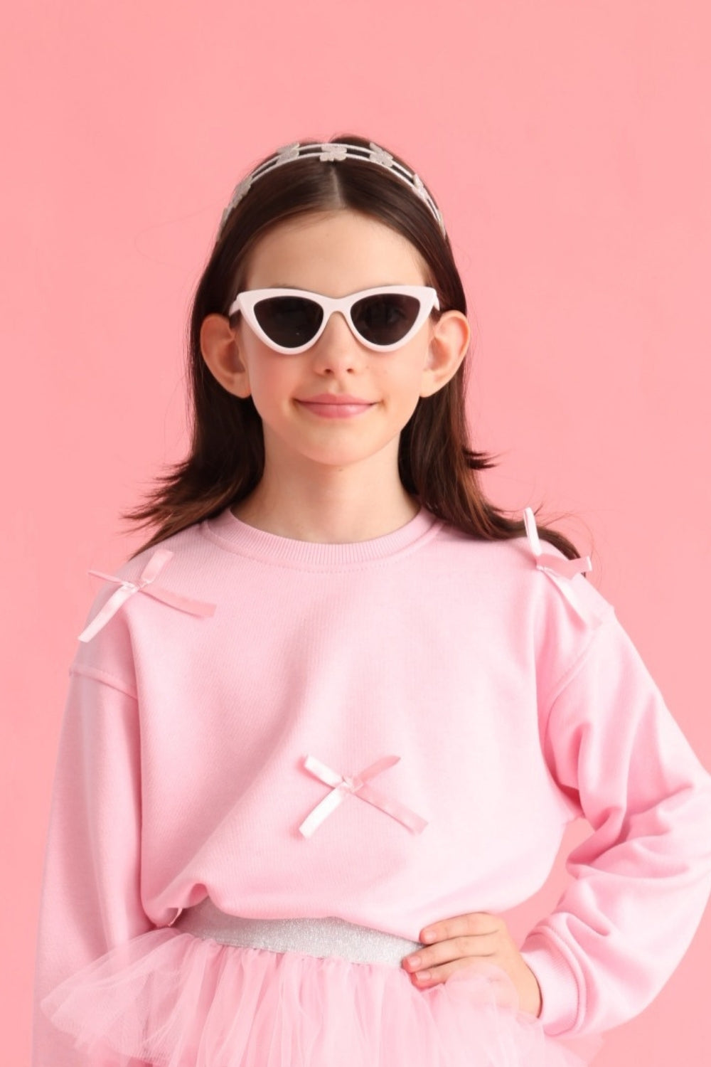 Pembe Fiyonk Detaylı Kız Çocuk Sweatshirt