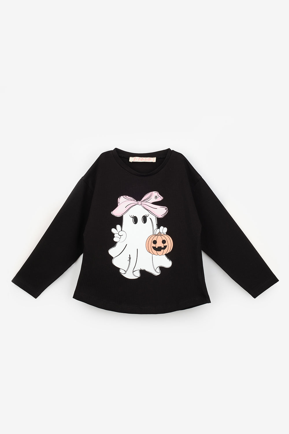 Siyah Sevimli Hayalet Baskılı Halloween Kız Çocuk Tişört