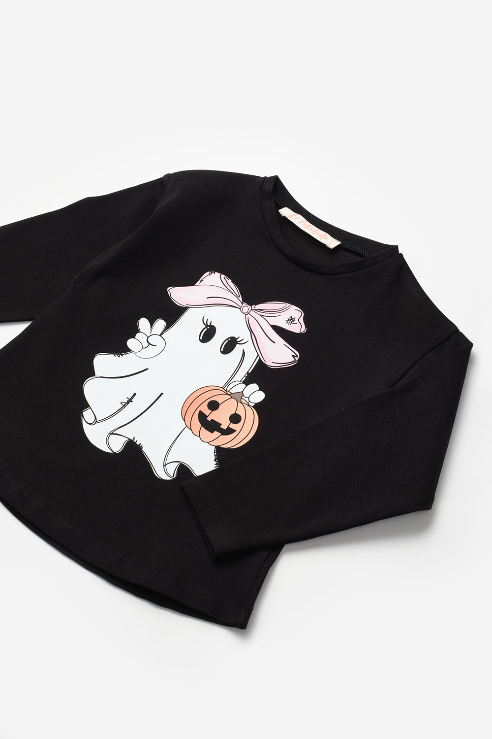 Siyah Sevimli Hayalet Baskılı Halloween Kız Çocuk Tişört