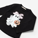 Siyah Sevimli Hayalet Baskılı Halloween Kız Çocuk Tişört