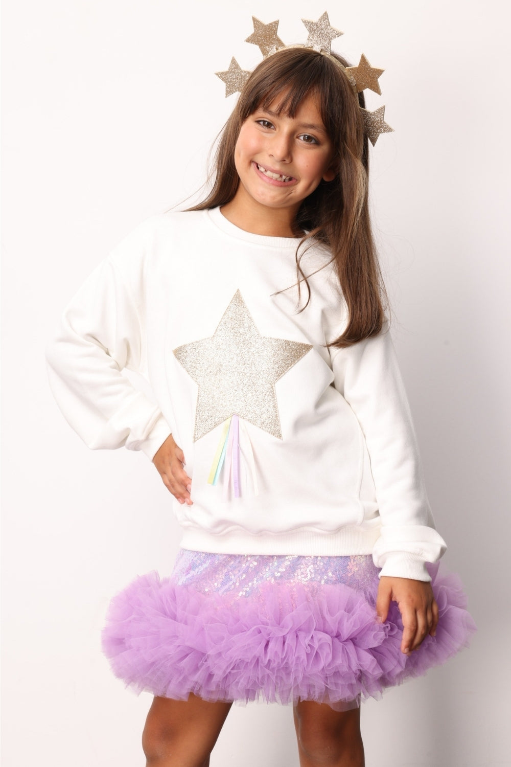 Beyaz  Yıldız Nakışlı Kurdele Detaylı Kız Çocuk Sweatshirt