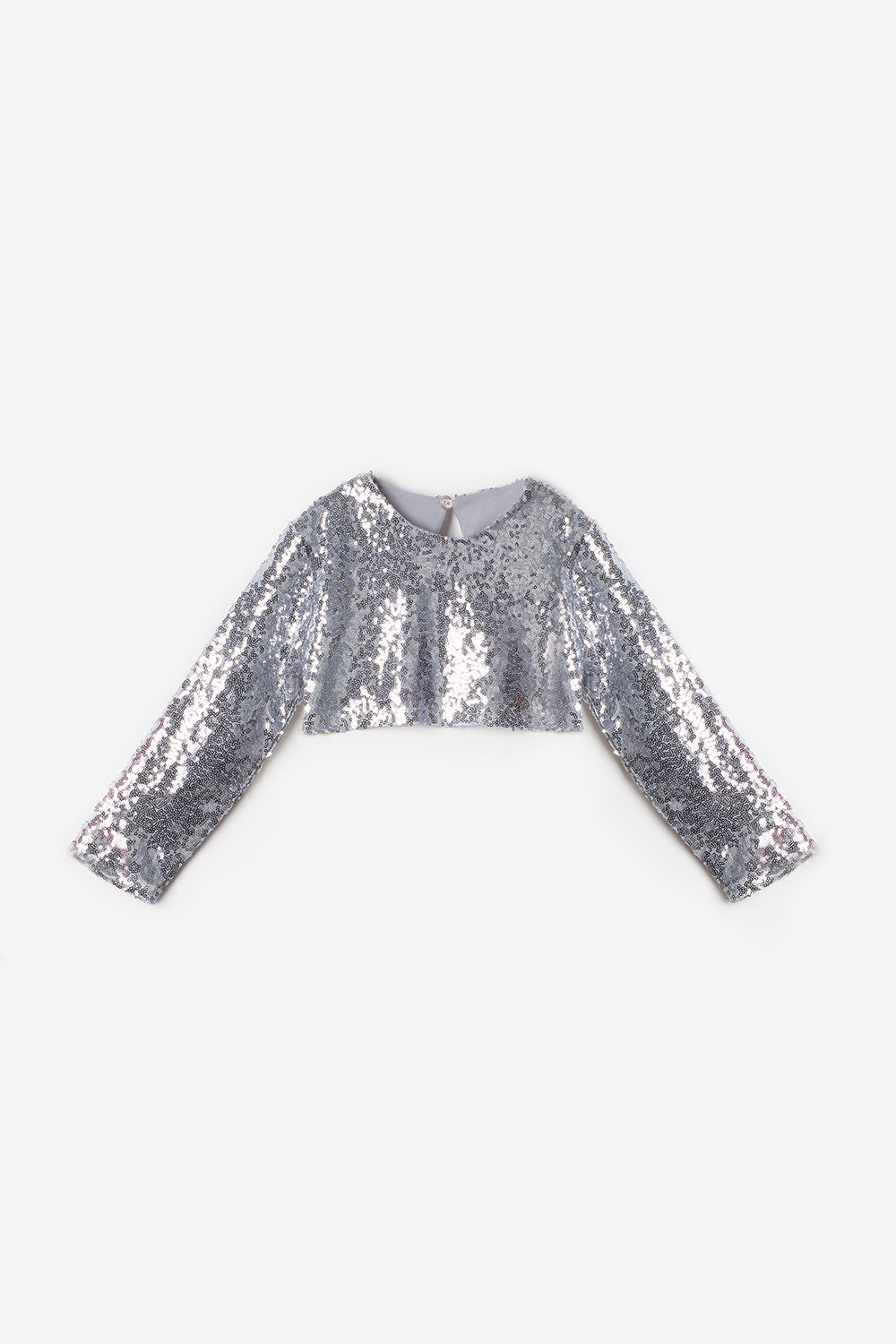 Gümüş  Uzun Kollu Pullu Kız Çocuk Crop Bluz
