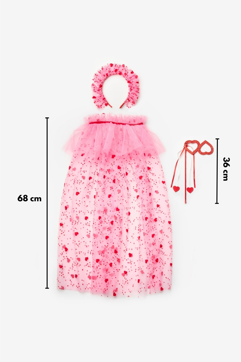 Pembe Flok Kalp Baskılı Kız Çocuk Pelerin Asa ve Taç Set