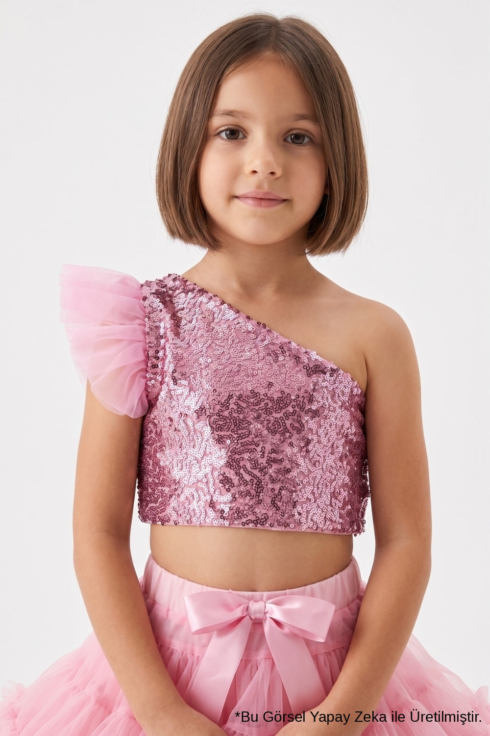 Pink Sequin One Shoulder Tulle Sleeve Girls' Crop Blouse - Bianca