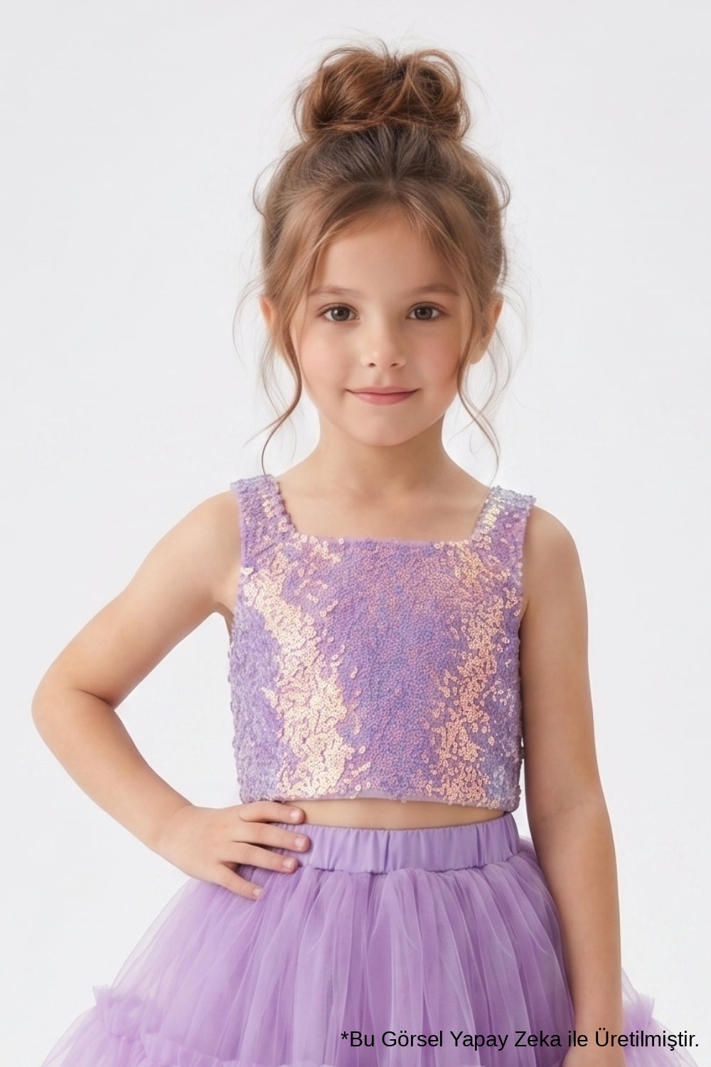 Lila Kare Yakalı Pullu Kız Çocuk Kolsuz Crop Bluz - Cintia – Le
