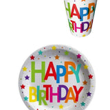Çok Renkli Happy Birthday 8'li Karton Bardak Tabak Set