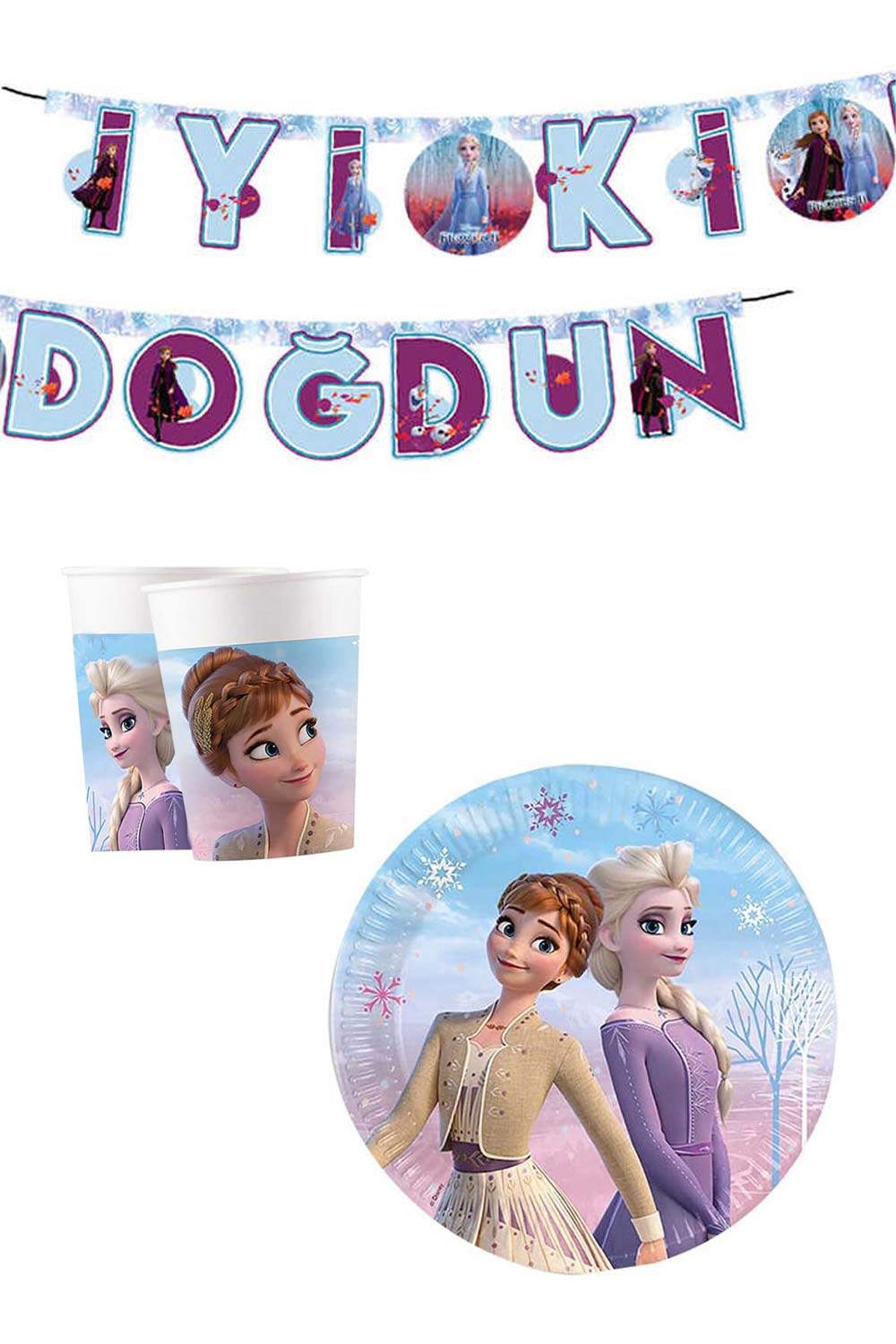 Çok Renkli  Frozen ve Elsa Temalı 3'lü Parti Seti