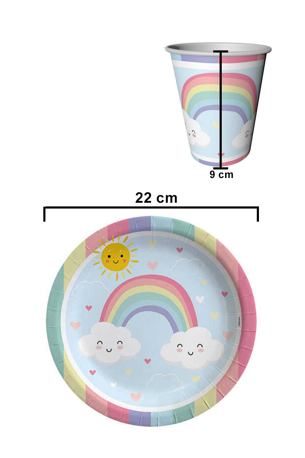 Çok Renkli Gökkuşağı 8'li Karton Bardak Tabak Set