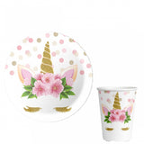 Beyaz Unicorn Baskılı 8'li Tabak Bardak Set