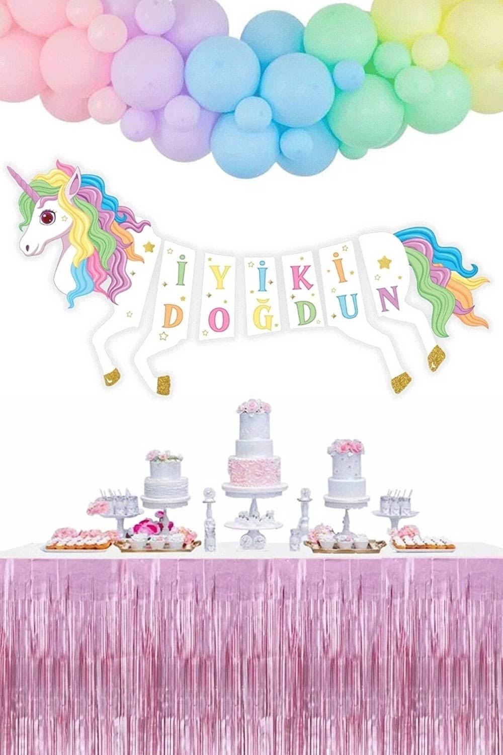 Çok Renkli  Unicorn Happy Birthday Banner