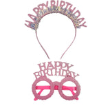 Pembe  Happy Birthday Yazılı Taç ve Parti Gözlüğü