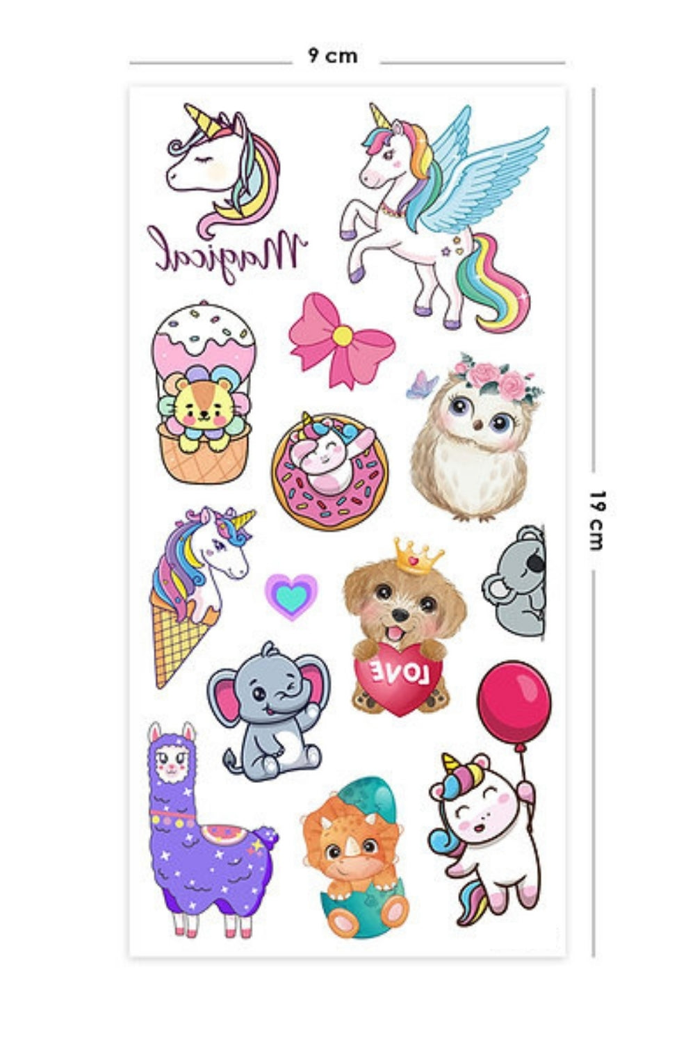 Çok Renkli  Sevimli Hayvan Temalı Kız Çocuk Dövme Set