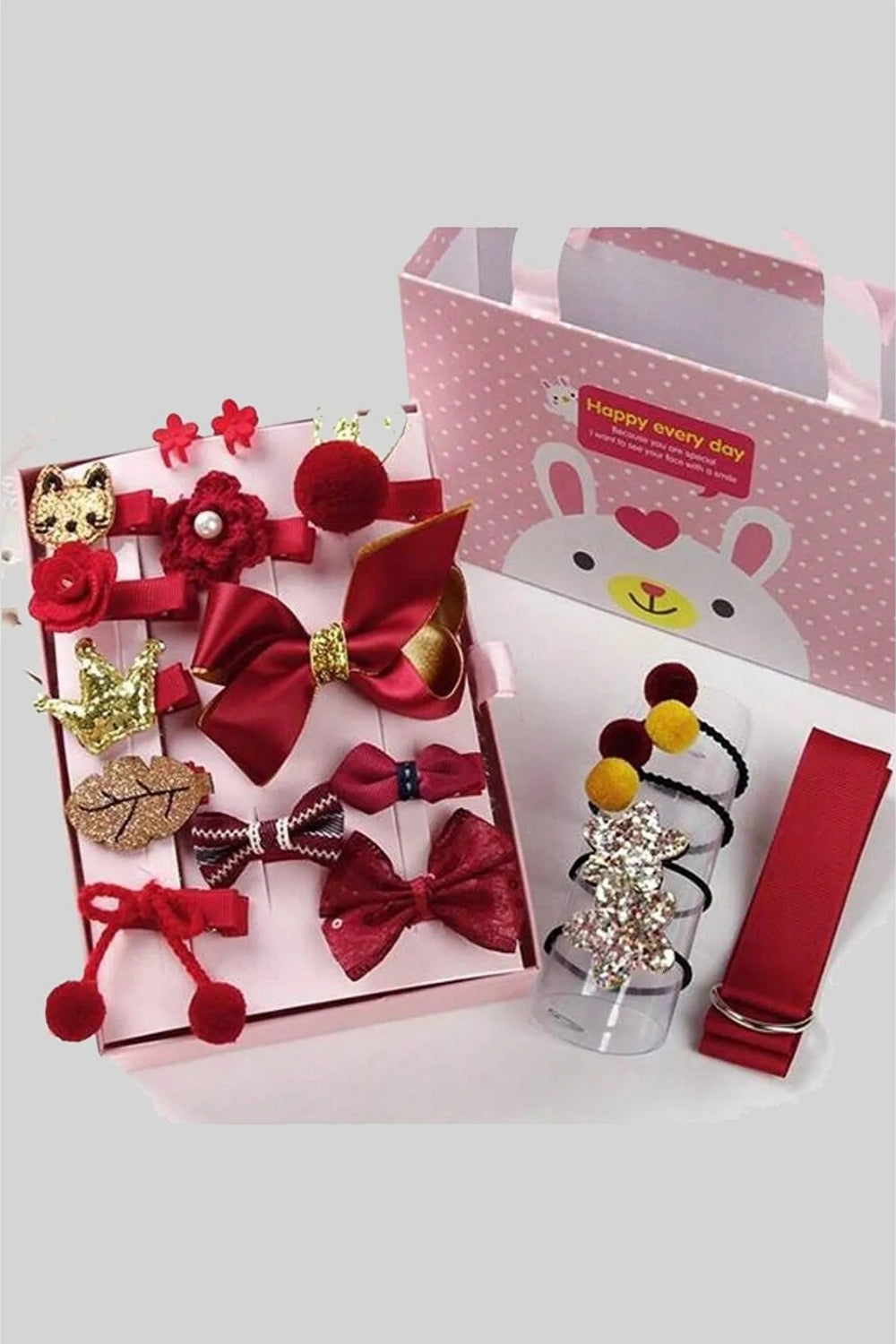 Bordo  18'li Kutulu Kız Çocuk Toka Set