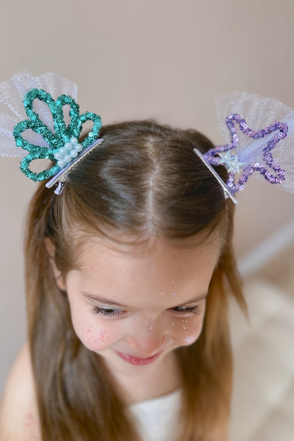 Lila  Yıldız ve Midye Figürlü Kız Çocuk Toka Set