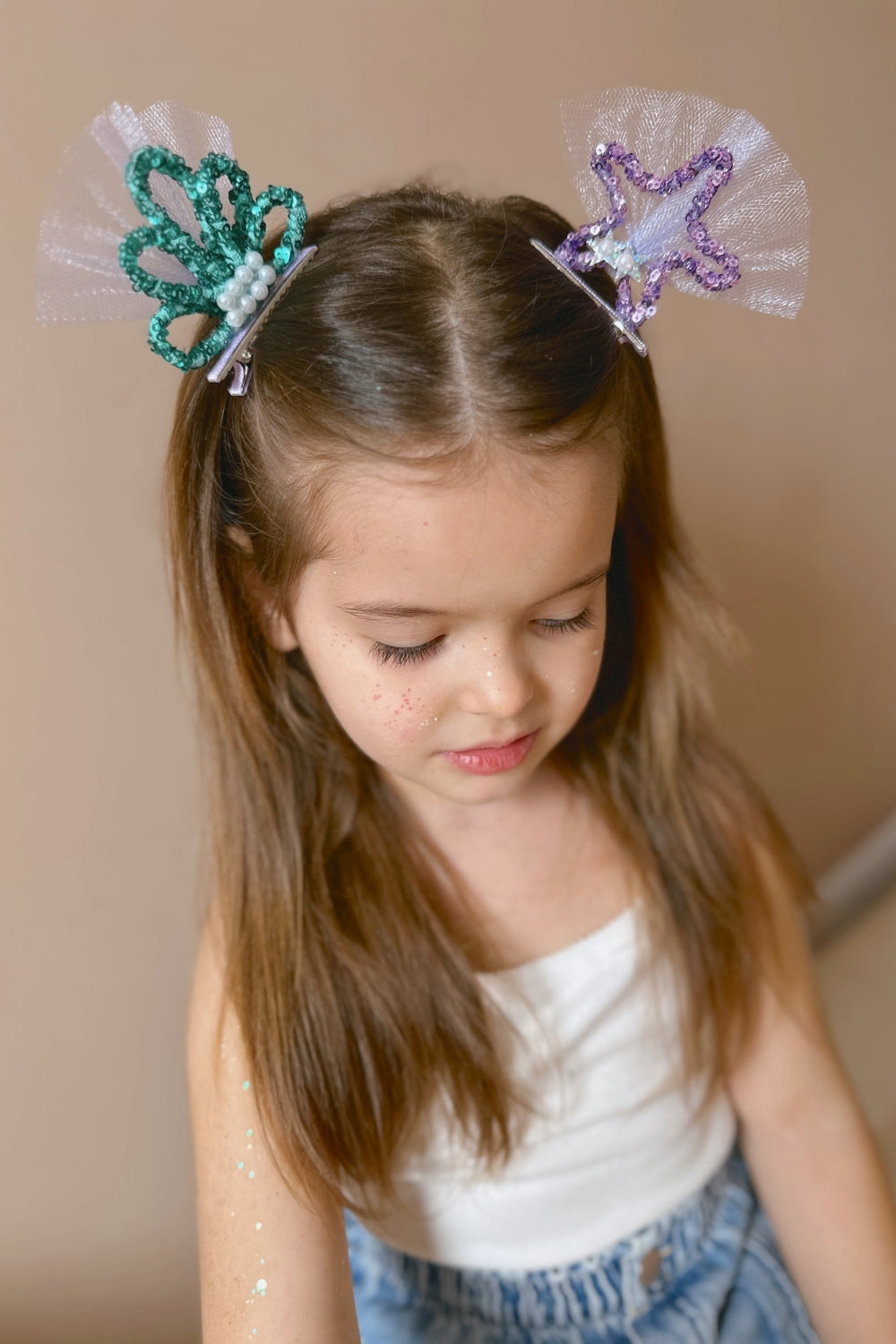 Lila  Yıldız ve Midye Figürlü Kız Çocuk Toka Set