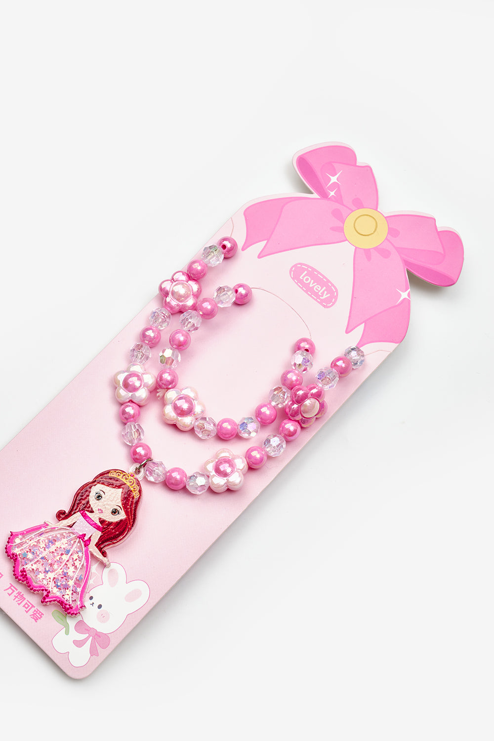 Pembe  Prenses Figürlü Kız Çocuk Kolye ve Bileklik Set