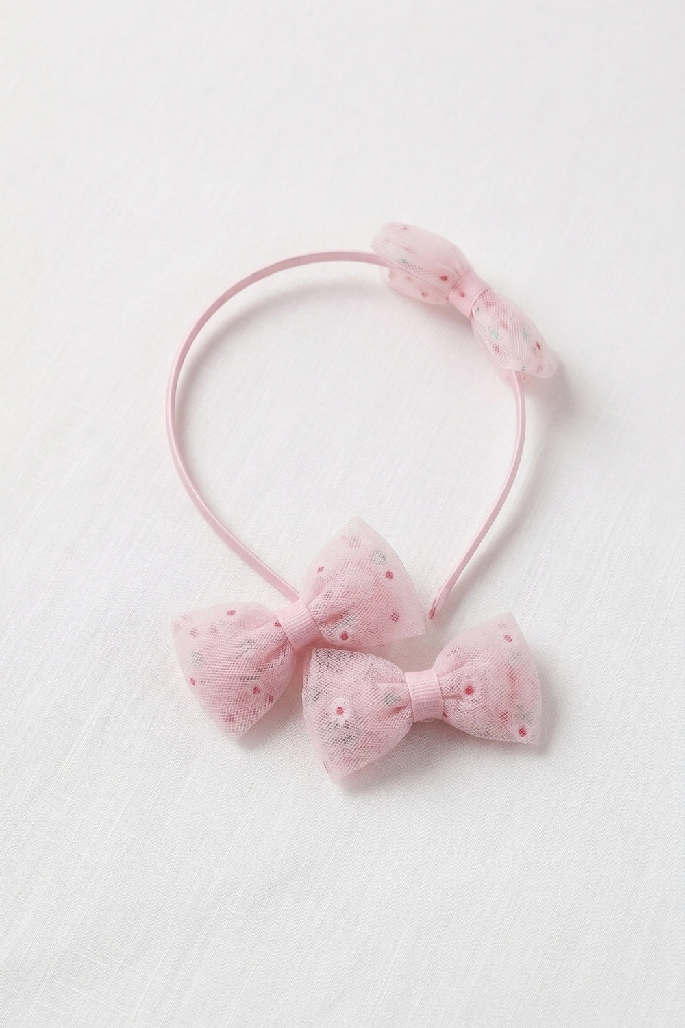 Pembe  Çiçek Figürlü Fiyonklu Kız Çocuk Taç ve Klips Toka Set