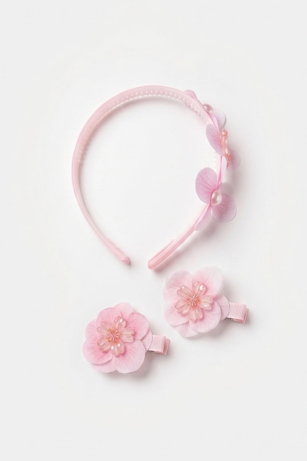 Pembe  Lotus Çiçek ve İnci Figürlü Kız Çocuk Taç ve Klips Toka Set