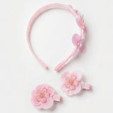 Pembe  Lotus Çiçek ve İnci Figürlü Kız Çocuk Taç ve Klips Toka Set