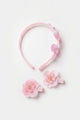 Pembe  Lotus Çiçek ve İnci Figürlü Kız Çocuk Taç ve Klips Toka Set