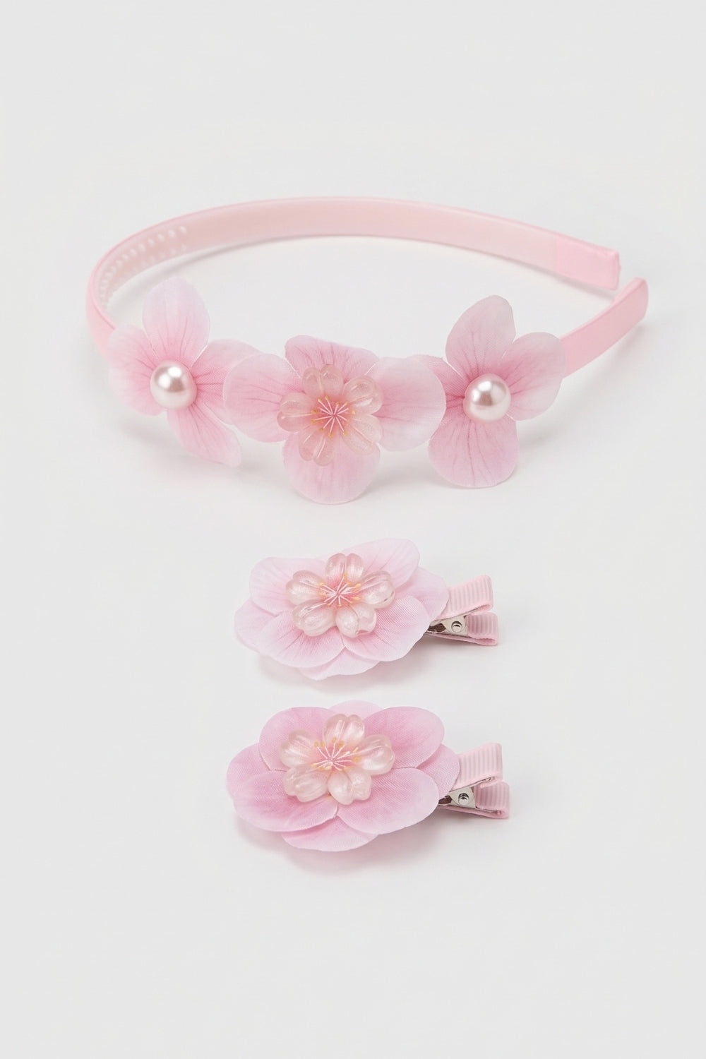 Pembe  Lotus Çiçek ve İnci Figürlü Kız Çocuk Taç ve Klips Toka Set