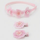 Pembe  Lotus Çiçek ve İnci Figürlü Kız Çocuk Taç ve Klips Toka Set
