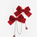 Kırmızı  Kadife İnci Detaylı İkili Kız Çocuk Klips Toka