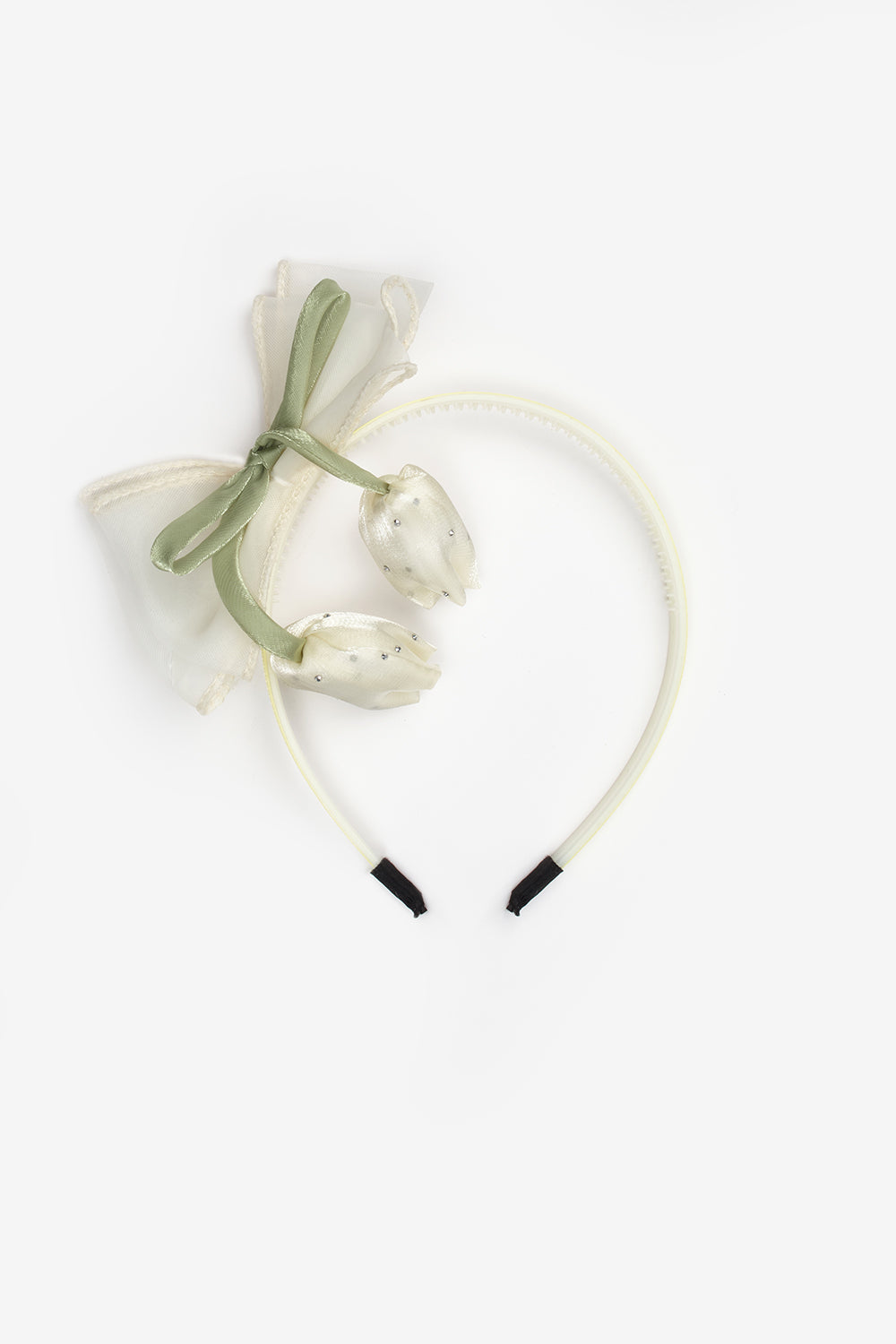 Ekru Lale Figürlü Fiyonk Detaylı Kız Çocuk Taç