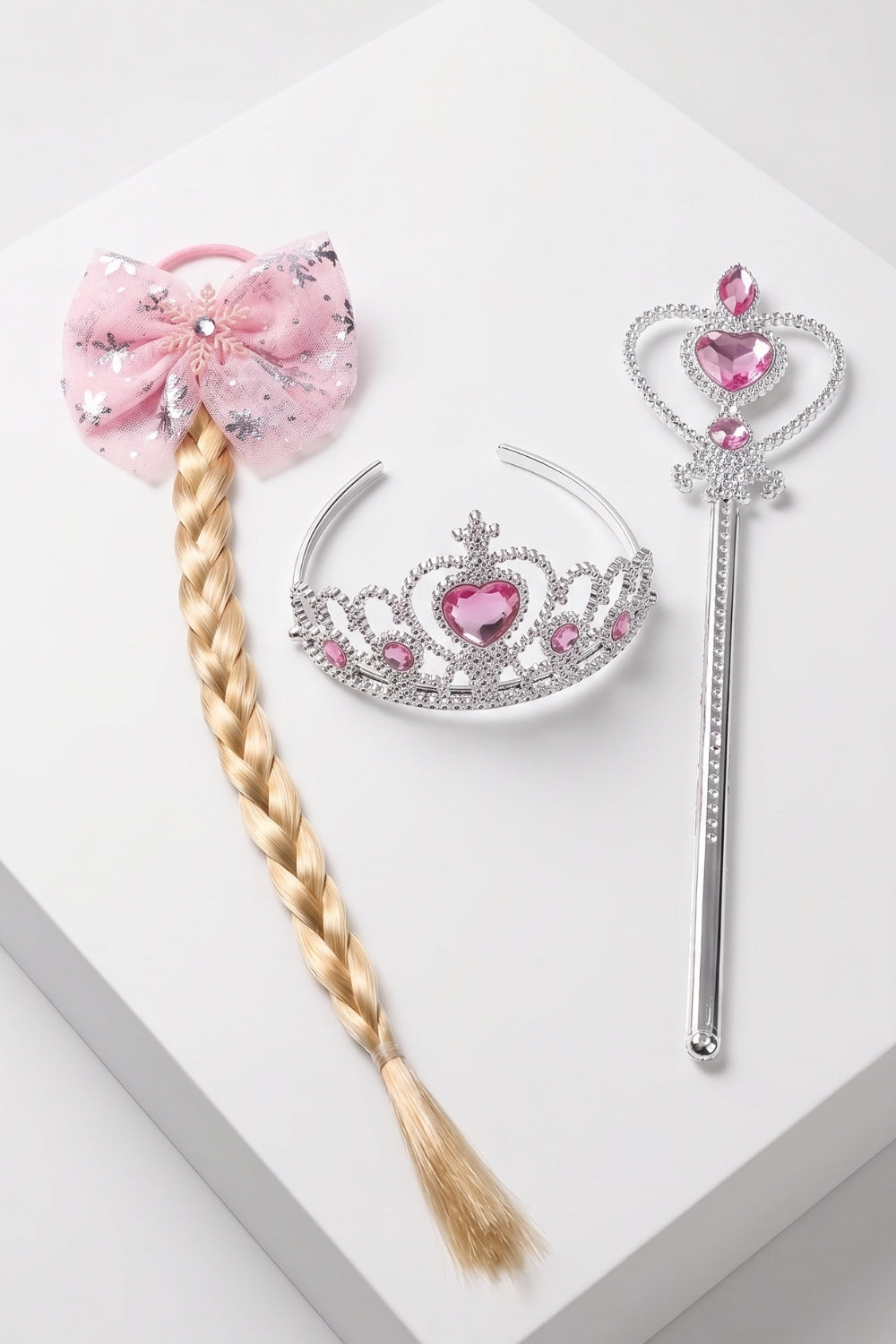 Pembe Elsa Model Saçlı Lastili Tokalı Taçlı Asa Set