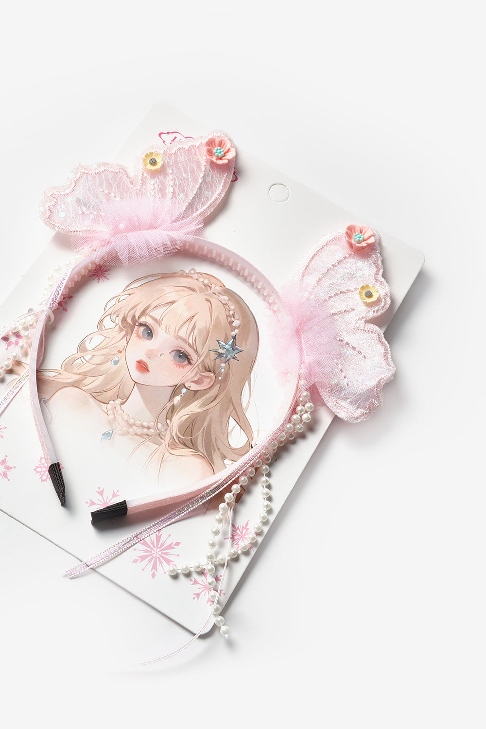 Pembe  İncili Kelebek Kanat Figürlü Kız Çocuk Taç