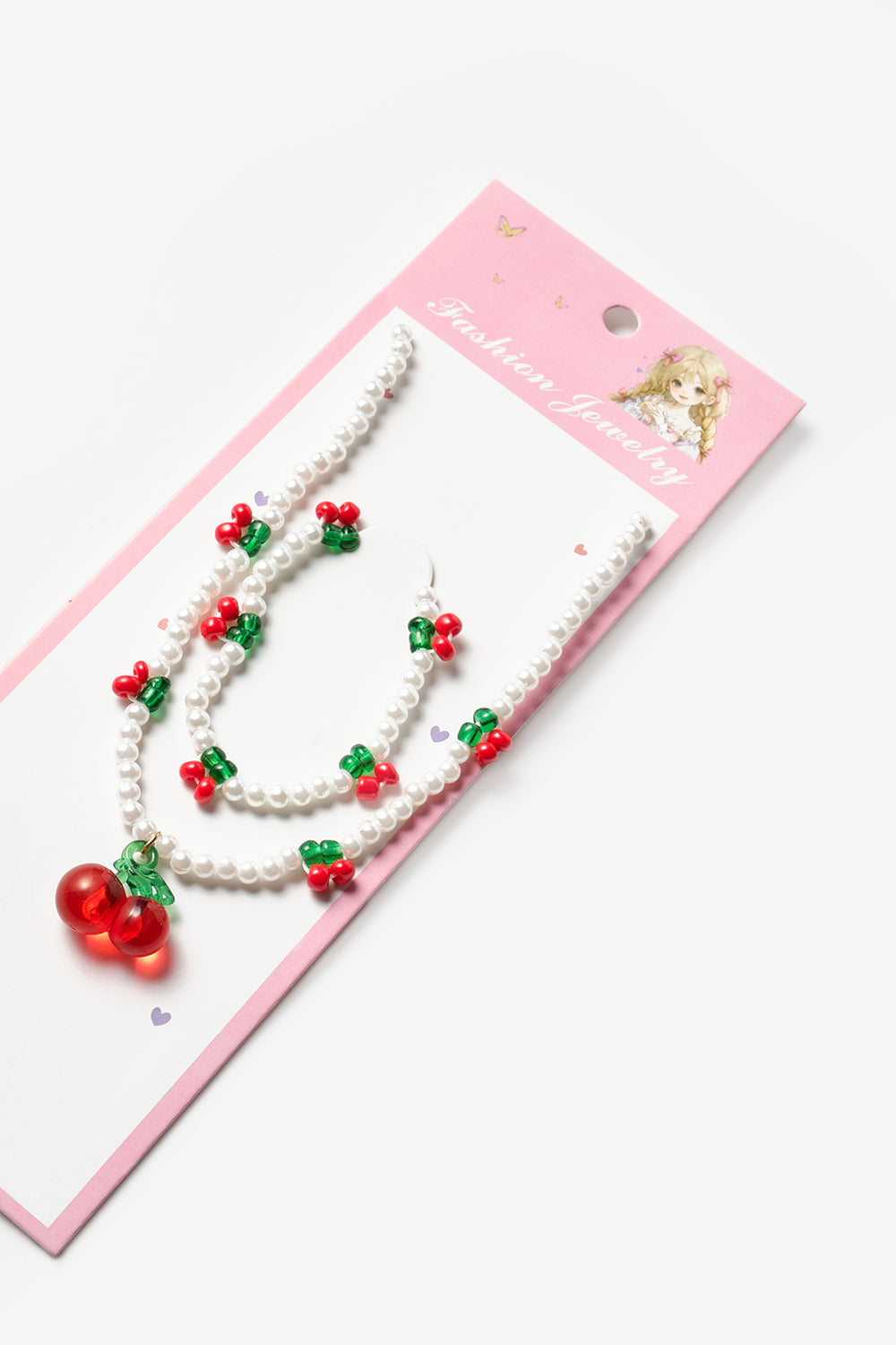 Beyaz  Kiraz Figürlü Kız Çocuk Kolye ve Bileklik Set
