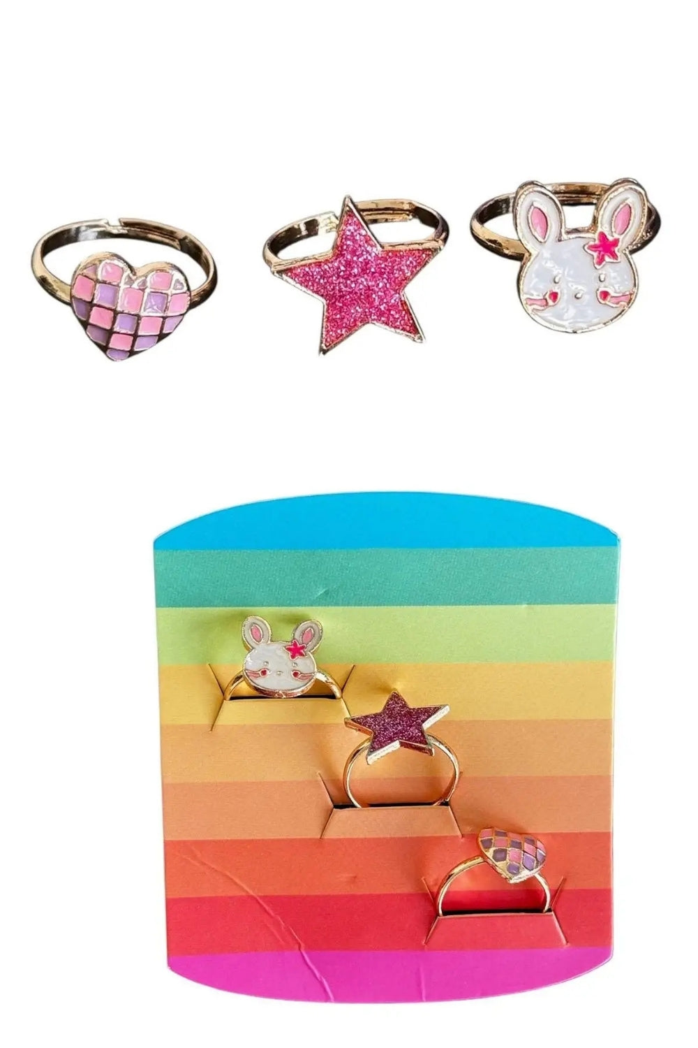 Çok Renkli  Figürlü 3'lü Kız Çocuk Yüzük Set