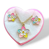 Çok Renkli  Çiçek Figürlü Kız Çocuk Kolye ve Küpe Set