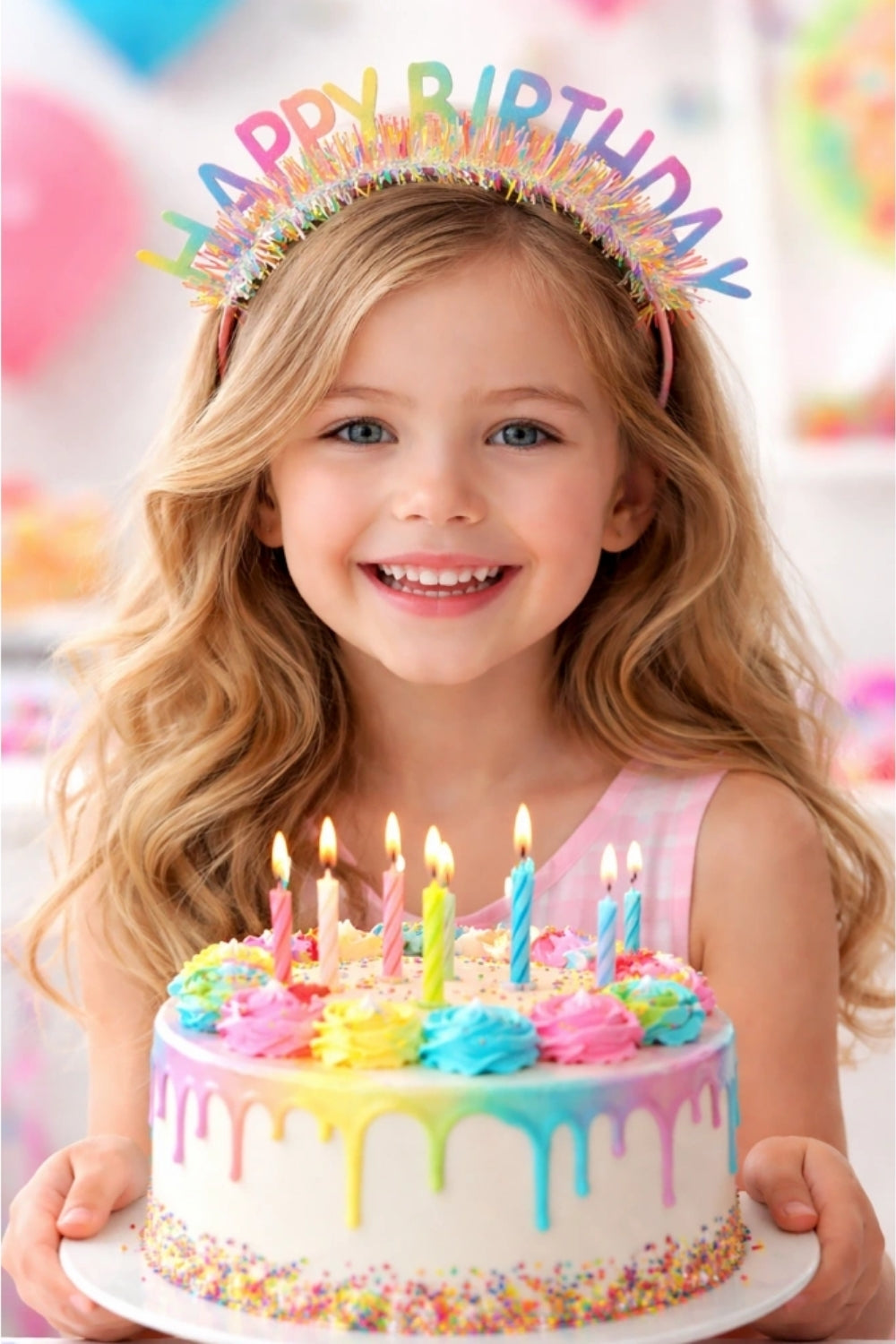 Çok Renkli Saçaklı Happy Birthday Temalı Kız Çocuk Parti Tacı