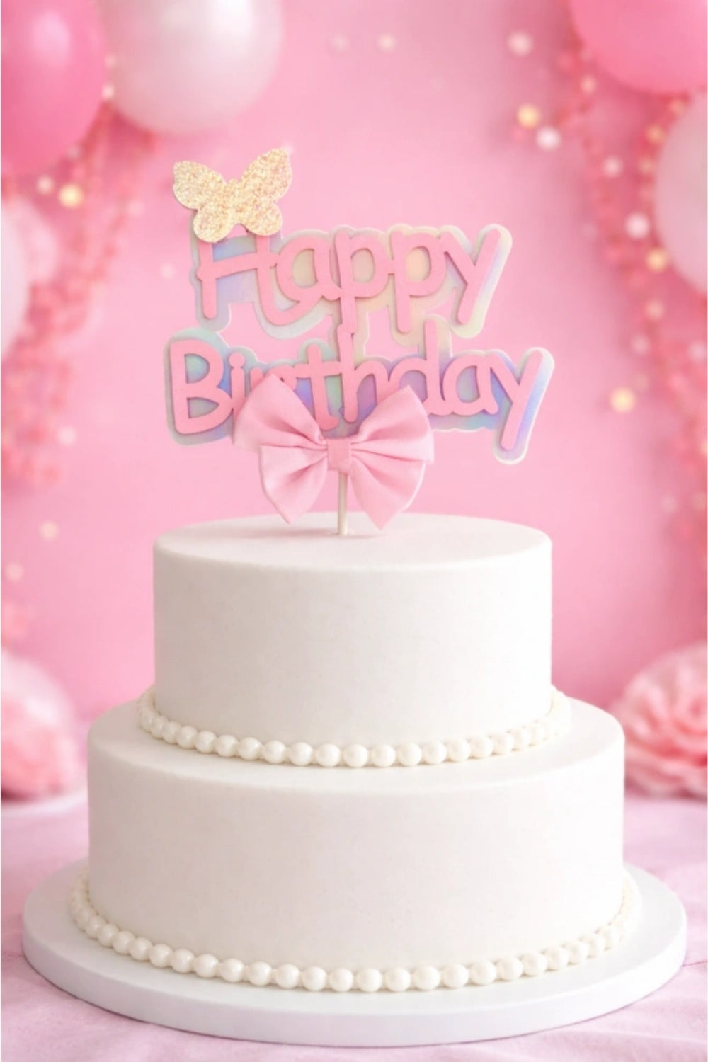 Pembe Fiyonk Detaylı Happy Birthday Pasta Süsü