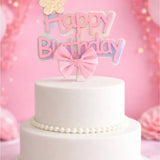 Pembe Fiyonk Detaylı Happy Birthday Pasta Süsü