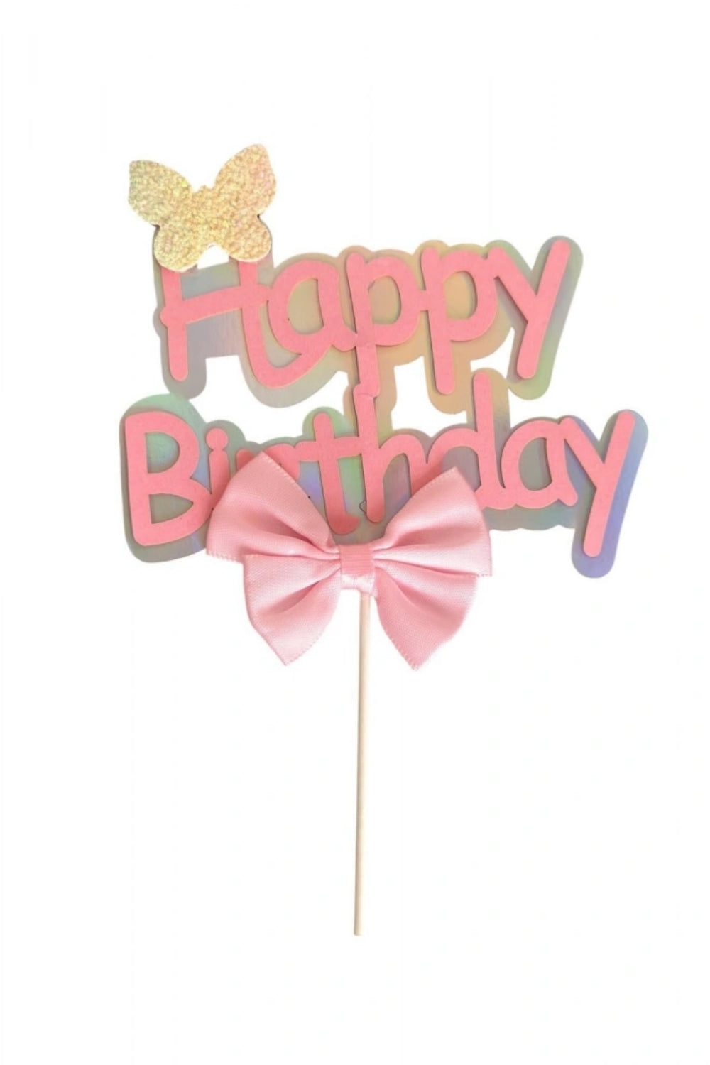 Pembe Fiyonk Detaylı Happy Birthday Pasta Süsü