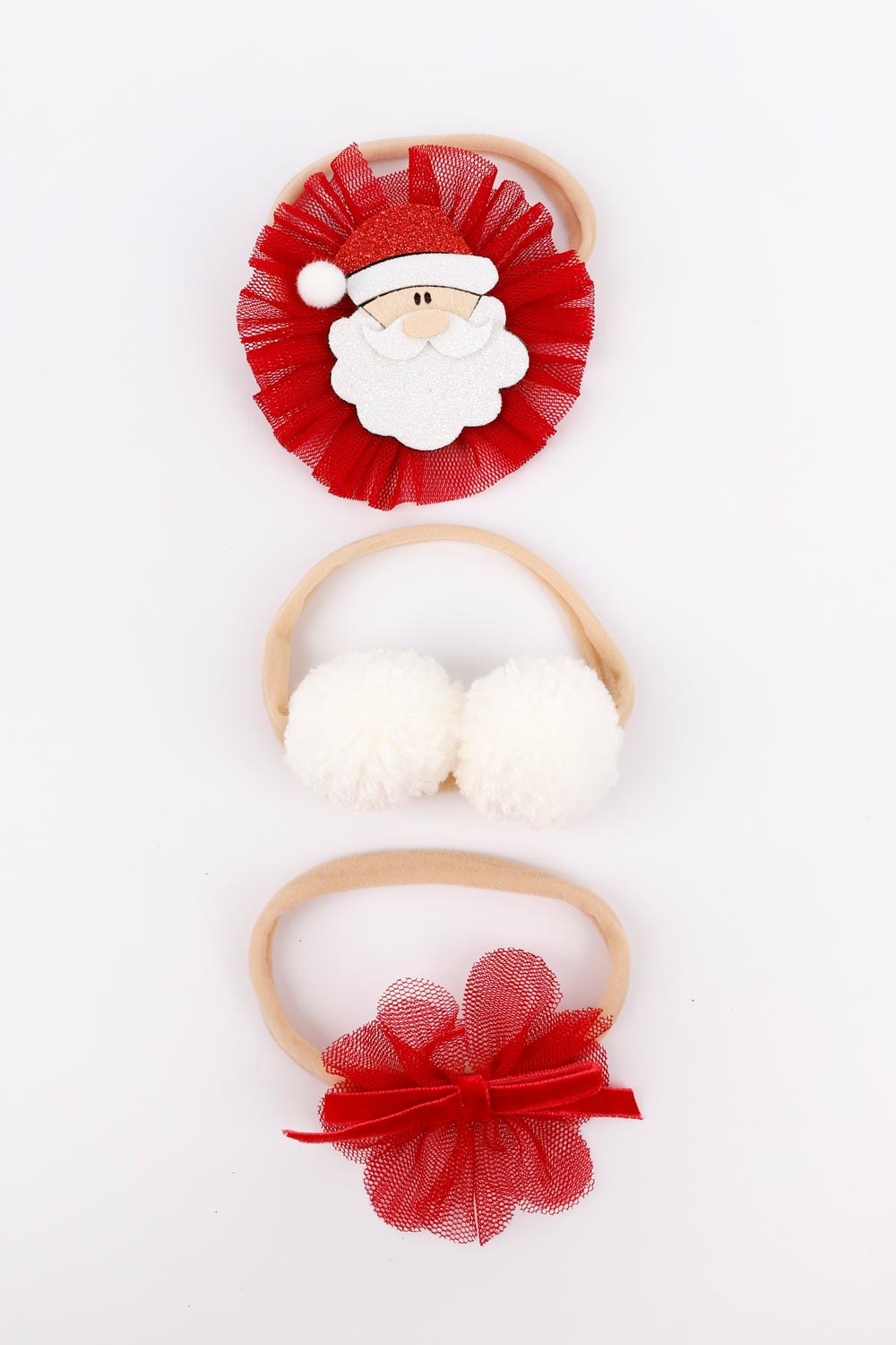 Ekru  Ponponlu Noel Baba 3'lü Saç Bandı Set