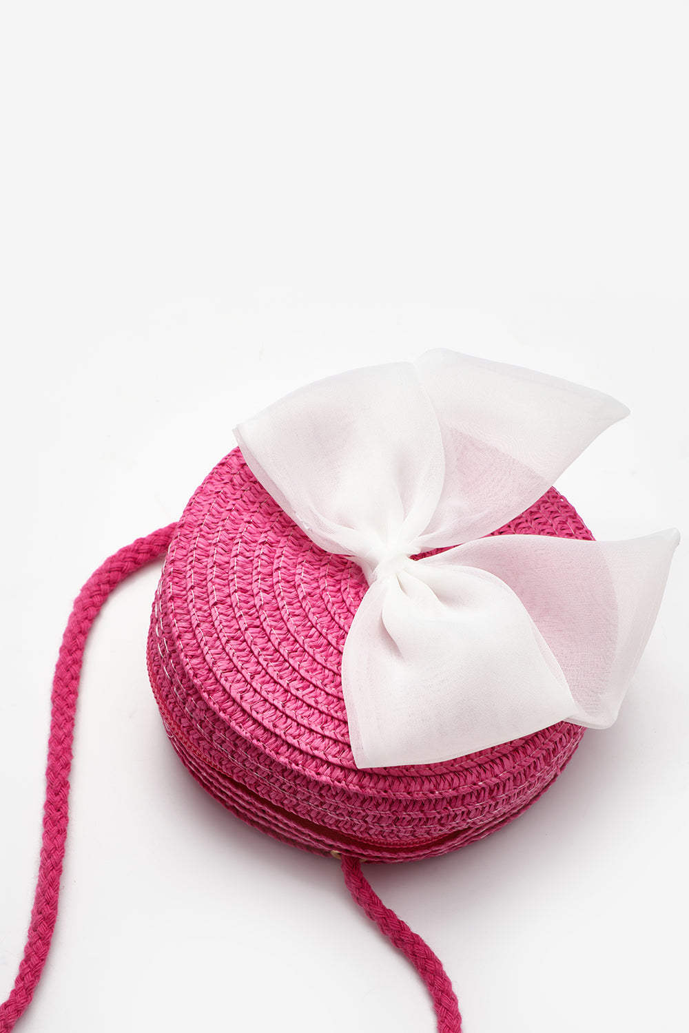 Fuşya Beyaz Fiyonklu Kız Çocuk Hasır Çanta