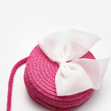 Fuşya Beyaz Fiyonklu Kız Çocuk Hasır Çanta